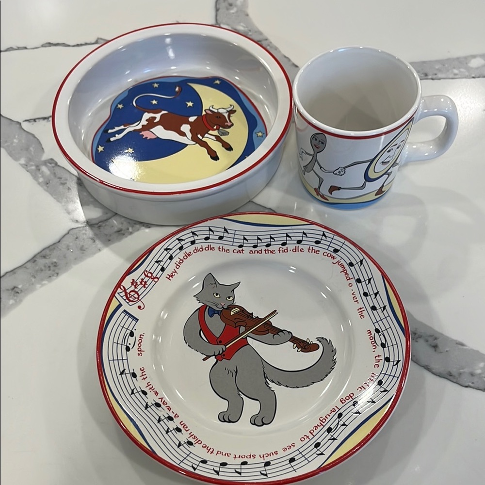 Tiffany & Co children’s 3 piece “hey diddle diddle” plate set (mug, bowl, plate)